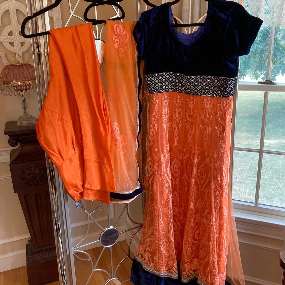 Indian Designer Light Orange and Navy Blue Velvet & Net Anarkali - Picture 3 of 4